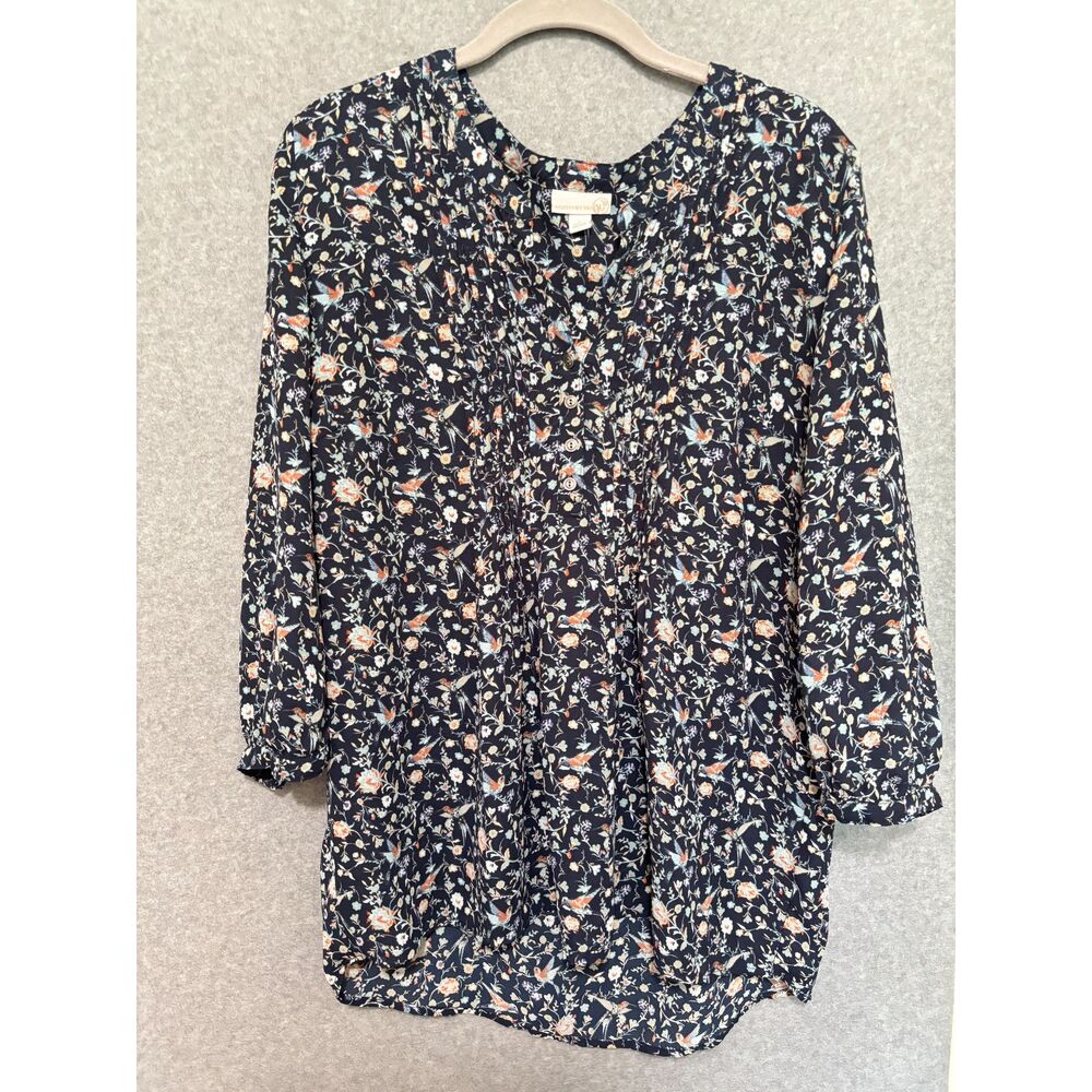 Westport 1962 Floral Bird Blouse Navy Boho Cottagecore Lightweight Top L‎ Garden